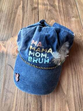 Washed Blue Denim Baseball Cap with Mama Mama Mom Bruh Graphic, Feather, Stone,